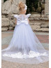 Feifei Sleeves White Lace Tulle Flower Girl Dress Communion Dress